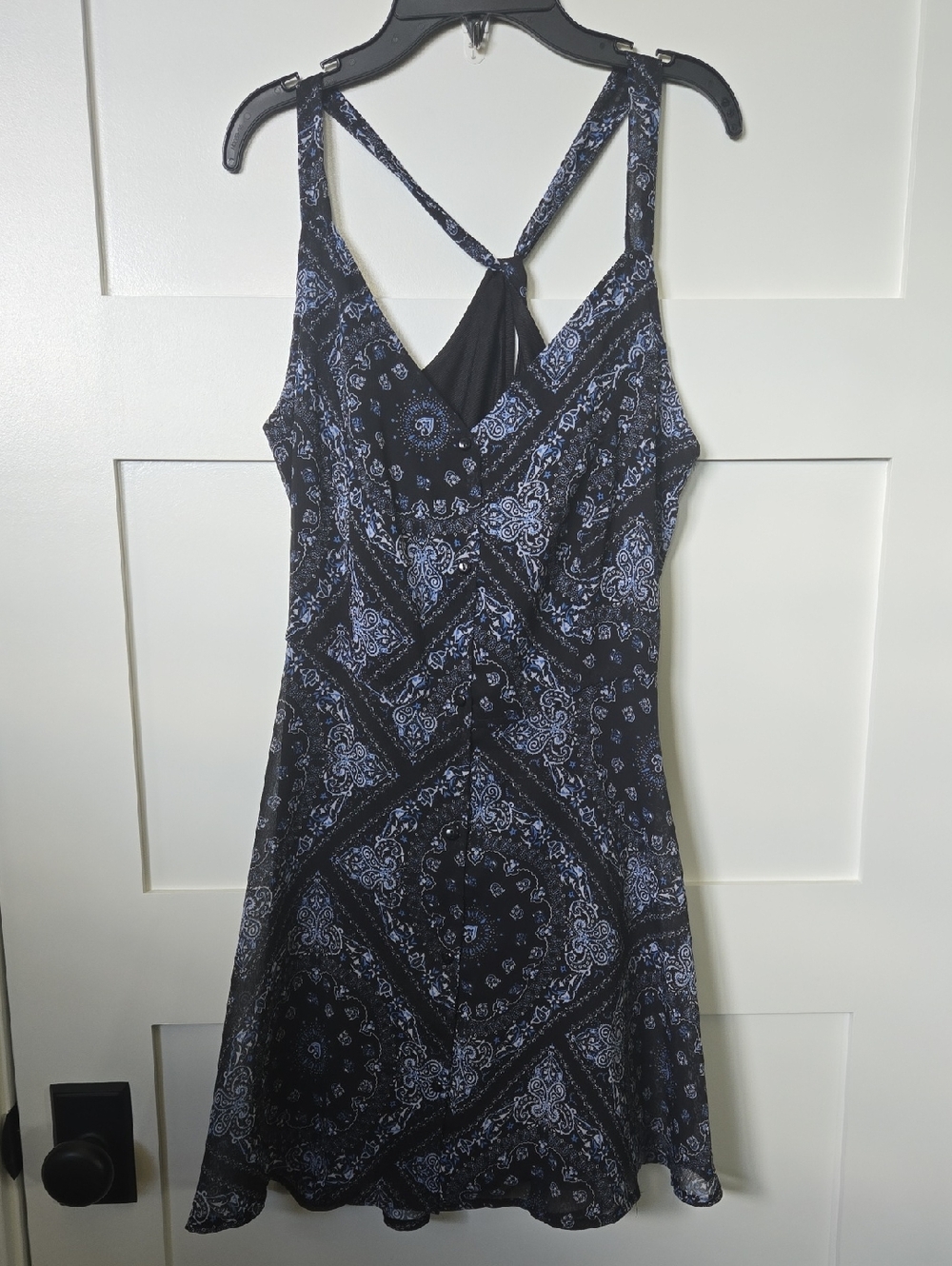 American Rag Black Dress with Blue Paisley Print Crisscross Front Button S